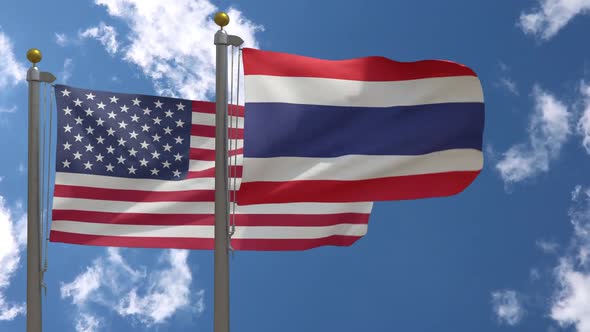 Usa Flag Vs Thailand Flag On Flagpole