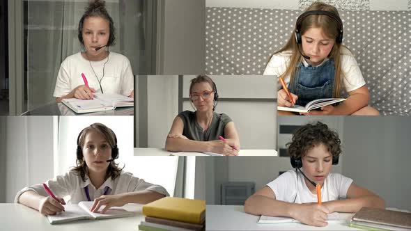 Computer Monitor and Teacher with Kids Studying By Internet. Online Education, Distance Learning