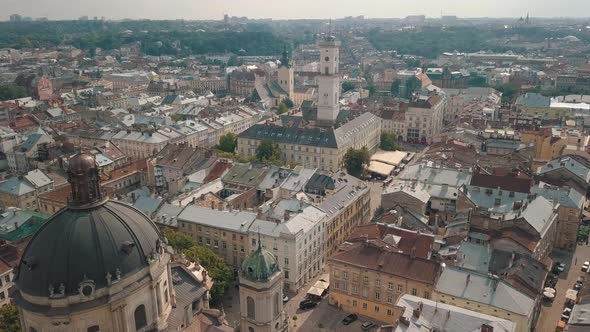 Aerial Drone Video of European City Lviv, Ukraine, Rynok Square, Central Town Hall, Dominican Church