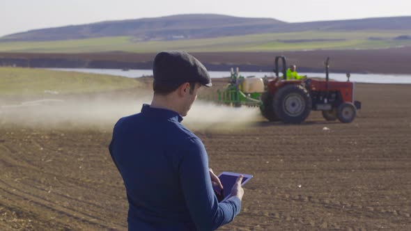 Tractor agrochemical and modern farmer.