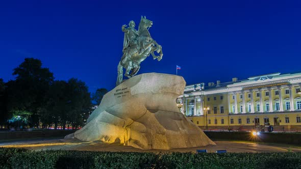 Peter the Great Monument Bronze Horseman on the Senate Square Night Timelapse Hyperlapse