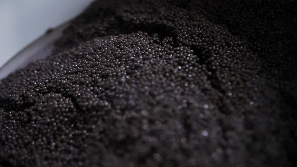 Cooking black caviar at the factory. Black caviar. Sturgeon caviar. Packing of black caviar.