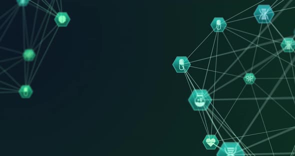 Animation of two globes of network connections with green and blue health icons alt