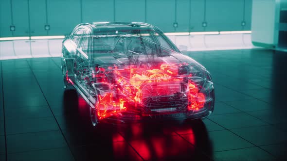 Transparent Car with Engine in Laboratory