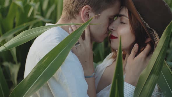 Young Hipster Men Hugging and Kissing in Front of Corn Field or Farmland Closeup