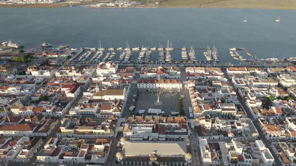 Vila Real de Santo Antonio cityscape with Praça Marquês de Pombal, main public square and marina wit