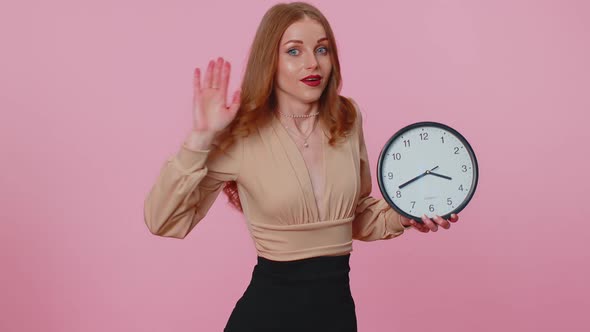 Confused Woman with Anxiety Checking Time on Clock Running Late to Work Being in Delay Deadline