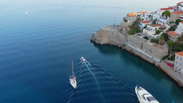 Aerial View of Hydra Old Town and Marina or Seaport Greece  Drone Videography