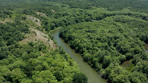 Drone flight above a river in green forest