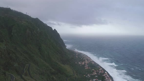 Aerial drone view of Paul do Mar from Faja da Ovelha in Madeira