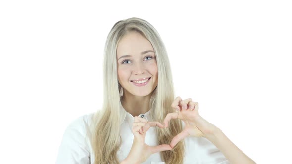Handmade Heart Sign by Young Woman, White Background