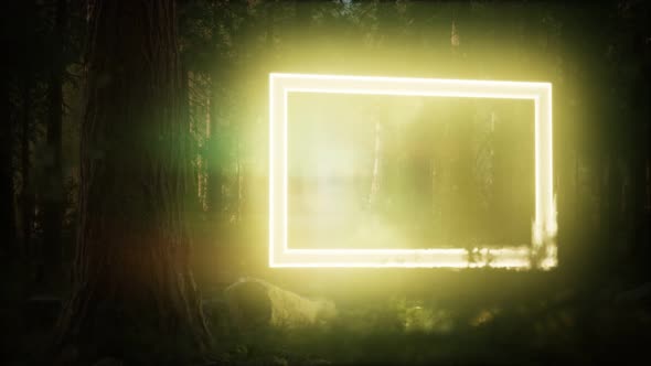 Neon Glowing Rectangle Frame in the Night Forest