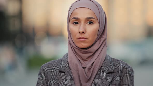 Close Up Portrait Sad Upset Female Face Pensive Serious Muslim Business Woman Young Islamic Girl