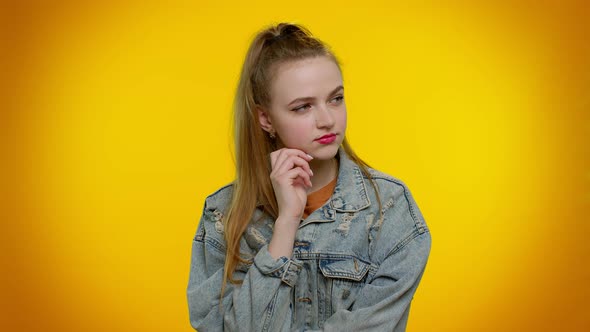 Thoughtful Student Girl Rubbing Her Chin with Pensive Expression Pondering a Solution Question