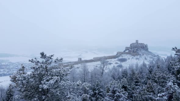 Aerial view of Spis Castle in Slovakia in winter