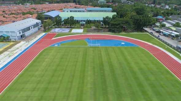 Aerial view new Stadium Top down from Drone view Green Football soccer field