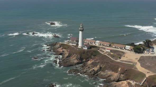 Aerial of Pigeon Point Lighthouse on Pacific Coast Highway near Half Moon Bay on California Coast