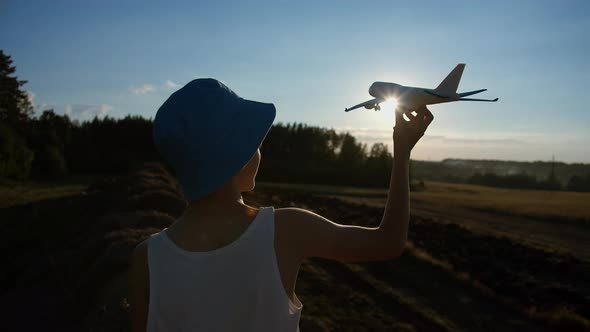 Funny a Boy Climbed on a Haystack and Played with an Airplane Near Wheat Field Boy Dreams 