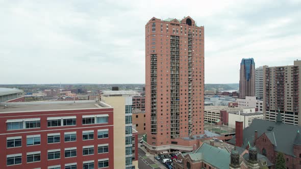 Drone shot of a condominium in downtown St. Paul, MN with the Mississippi