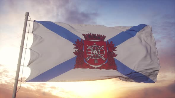 Flag of Rio De Janeiro Brazil Waving in the Wind Sky and Sun Background