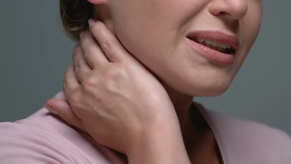 Sad Woman Massaging Trigger Zone in Neck, Suffering Pain, Sedentary Life Result