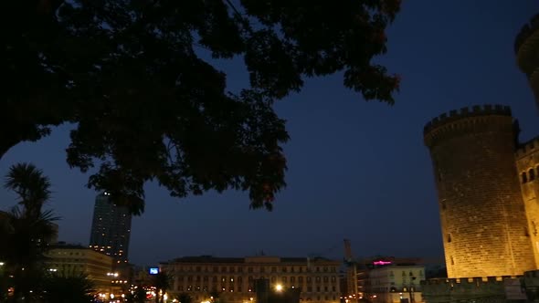 Evening View of The New Castle in Naples, City Attractions, Ancient Architecture