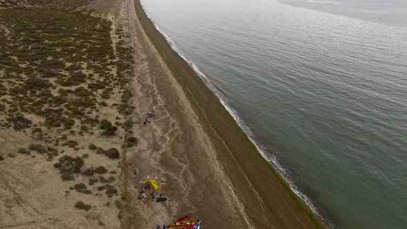 Aerial view of kayakers on beach, Peninsula Valdes, Chubut Province, Argentina