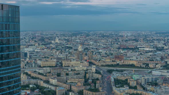 Aerial Top View of Moscow City Day To Night Timelapse After Sunset