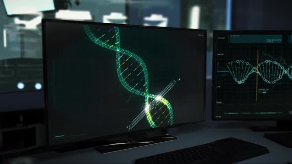 Futuristic Biological Genetics Study System Analysis Of Rotating DNA Strand alt