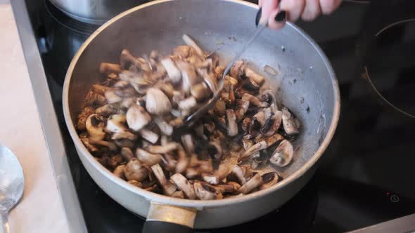 Mushrooms are Fried in a Pan in the Home Kitchen Cooking Mushrooms Julienne