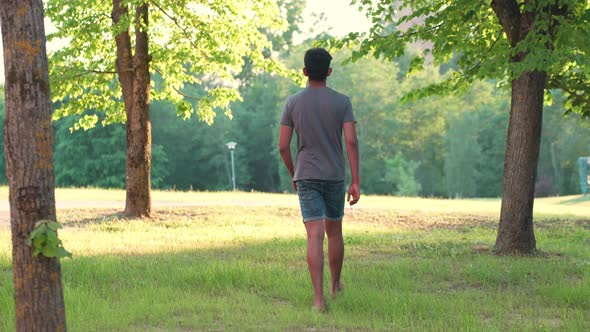 Sunday walk in a park, relaxing weekend alone, male walking, view from behind