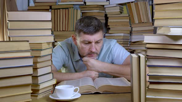 A Bearded Man Reads a Book in the Library