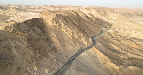 Aerial view of a mountain road in the desert, Negev, Israel.