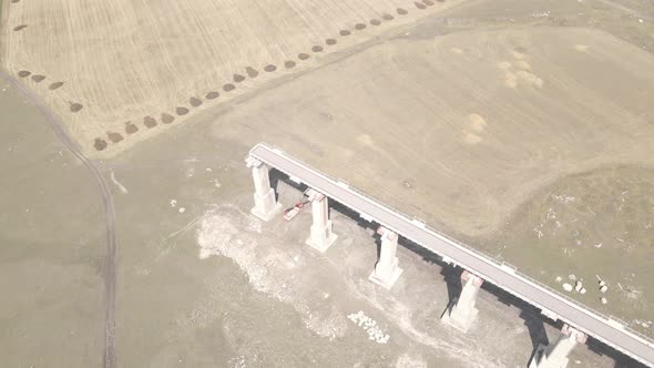 Aerial view of Railroad emergency stop track bridge in Akhalkalaki station, Georgia 2021