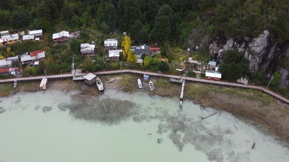 Aerial view of Caleta Tortel. A famous village without streets at the end of the Carretera Austral.