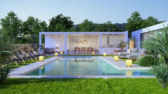 Luxury Villa Exterior With Swimming Pool, Sofa And Lounge Chairs.