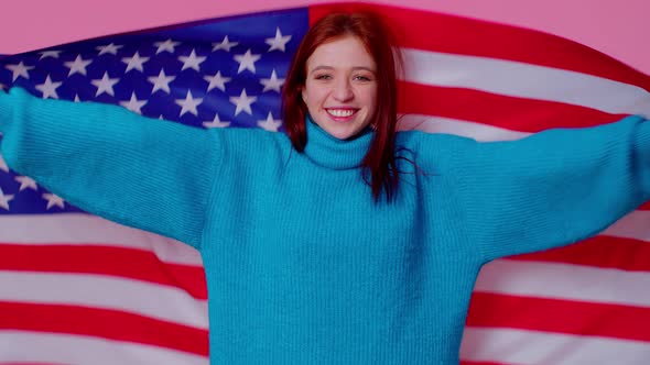 Cheerful Teen Girl Waving and Wrapping in American USA Flag Celebrating Human Rights and Freedoms