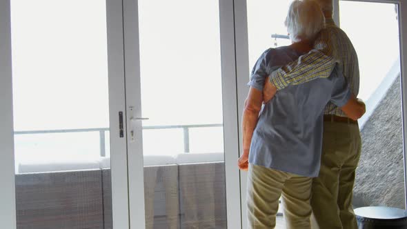 Rear view of Caucasian senior couple looking through window at comfortable home 4k