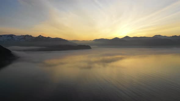 Aerial view of Dutch Harbour at sunset, Unalaska, Alaska, United States.