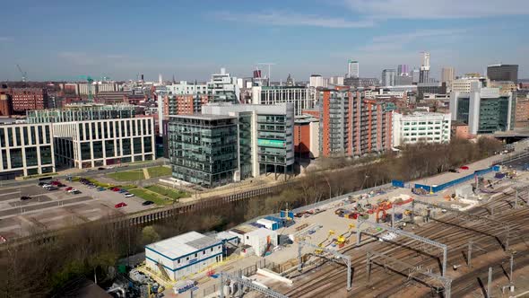 Aerial footage of the British town of Leeds in West Yorkshire UK