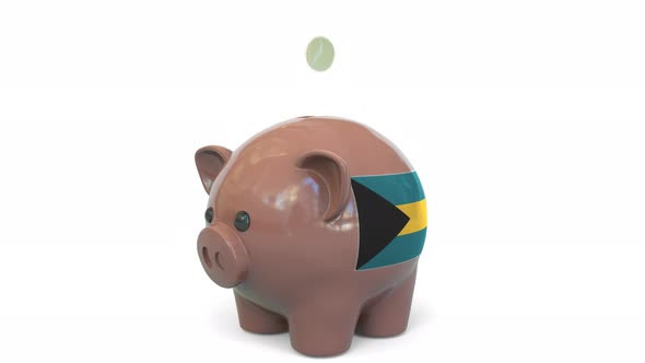 Putting Money Into Piggy Bank with Flag of the Bahamas