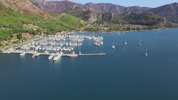 Boats and yachts in marina from above. Yacht parking