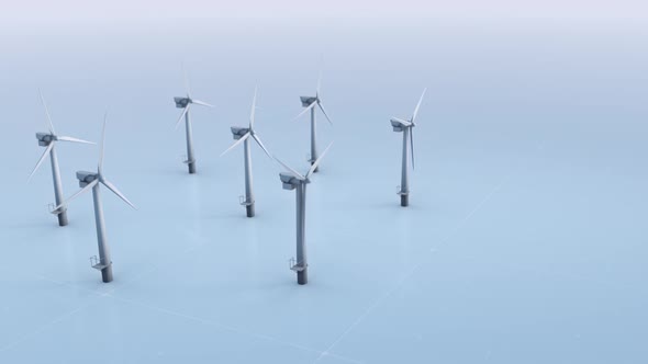 Animated Wind Turbines On Light Blue Background In 3d Computer Graphics alt