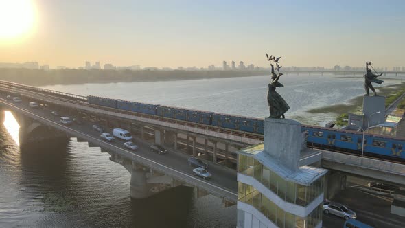 Kyiv, Ukraine : Metro Bridge in the Morning at Sunrise. Dnipro Station