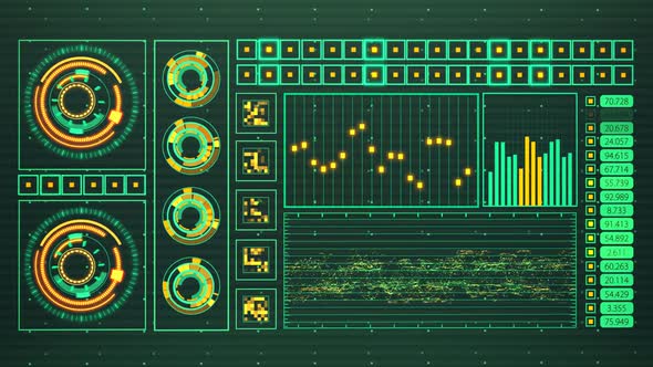 Advanced futuristic graphic interface. Displays abstract diagrams and charts.