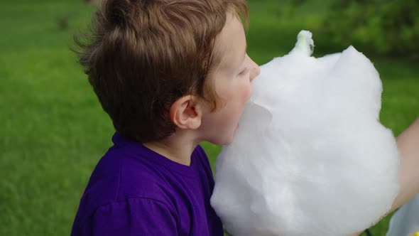 Redhaired Boy Enjoying Cotton Candy in Park
