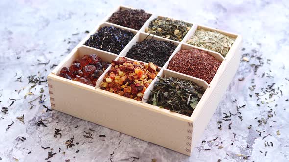 Various Kind of Dry Tea in Wooden Box