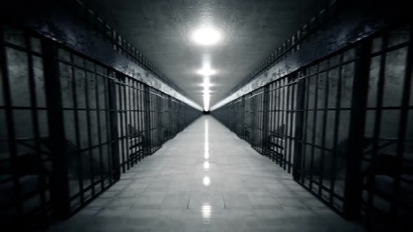 The look-around of jail's corridor with infinite prison cells. Loopable. HD