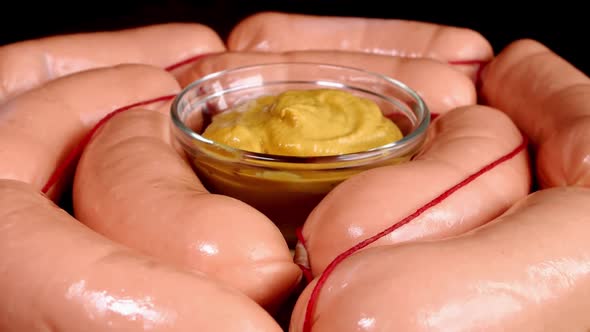 Raw Sausages with Mustard on on Dark Background Rotate Slowly