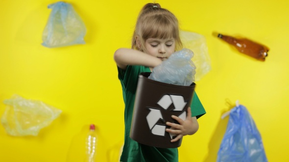 Girl Activist Collects Cellophane Packages and Put Them in Bin Dump. Trash Plastic Nature Pollution